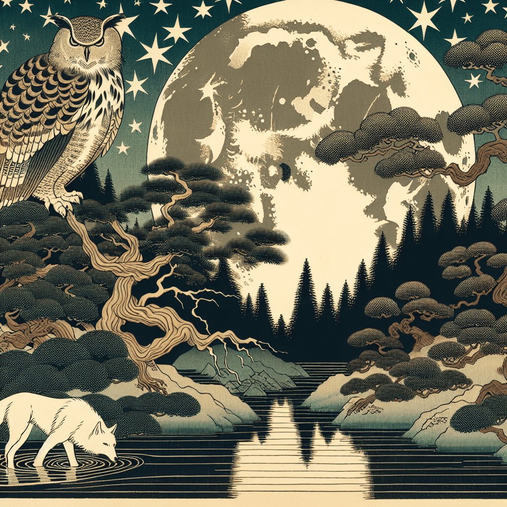un lune sort derrière une forêt, le ciel est étoilée, au premier plan, on voit une rivière, la un lune sort derrière une forêt, le ciel est étoilée, au premier plan, on voit une rivière, la